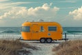 Camper on wheels on the ocean coast in a beautiful place. Wild camping by the sea Royalty Free Stock Photo