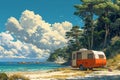 Camper on wheels on the ocean coast in a beautiful place. Wild camping by the sea Royalty Free Stock Photo