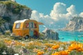 Camper on wheels on the ocean coast in a beautiful place. Wild camping by the sea Royalty Free Stock Photo