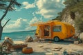 Camper on wheels on the ocean coast in a beautiful place. Wild camping by the sea Royalty Free Stock Photo