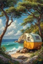 Camper on wheels on the ocean coast in a beautiful place. Wild camping by the sea Royalty Free Stock Photo