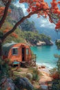 Camper on wheels on the ocean coast in a beautiful place. Wild camping by the sea Royalty Free Stock Photo