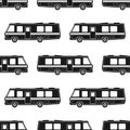 Campers RV. Recreational vehicle. Camping caravan cars. Camp motorhome for country and nature vacation. Seamless pattern