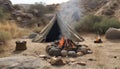 Campers sitting by fire, grilling food, enjoying nature generated by AI