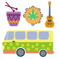 Campers vacation travel car and rastafarian music holiday trailer house vector illustration flat transport