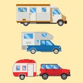 Campers vacation travel car summer nature holiday trailer house vector illustration flat transport