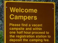 Campers Welcome Sign with Registration Rules Royalty Free Stock Photo