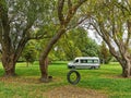 A campervan parked on a lawn in New Zealand