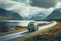 Campervan on the road with beautiful nature landscape. Motorhome camper van RV road trip. People on travel vacation adventure. Ai