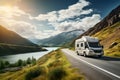 Campervan on the road with beautiful nature landscape. Motorhome camper van RV road trip. People on travel vacation adventure. Ai