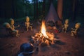 campfire with aliens surrounding it, roasting marshmallows and telling ghost stories