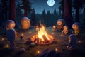 campfire with aliens surrounding it, roasting marshmallows and telling ghost stories