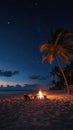 A campfire on the beach under a palm tree at night, AI Royalty Free Stock Photo