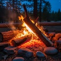 A campfire on a bed of ash surrounded by smooth stones, set in a forested area with Royalty Free Stock Photo