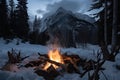 campfire blazing in the depths of a snowy forest, with mountains in the background