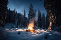 campfire blazing with flames reaching high into the sky, surrounded by snow-covered trees