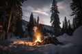 campfire blazing with flames reaching high into the sky, surrounded by snow-covered trees