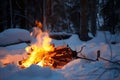 campfire blazing in snowy forest, with reflection of flames visible on the snow