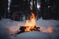 campfire blazing in snowy forest, with reflection of flames visible on the snow