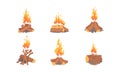 Campfire or Bonfire with Pile of Woods or Lumber Blazing with Fire Sparks Vector Set