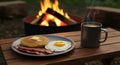 Campfire Breakfast: Pancakes, Bacon, and Egg with Coffee Royalty Free Stock Photo
