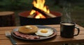 Campfire Breakfast: Pancakes Bacon and Eggs with Coffee Royalty Free Stock Photo