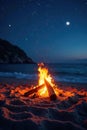 Campfire burning on beach at night, starry sky , glow, wood, night sky Royalty Free Stock Photo