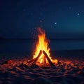 Campfire burning on beach at night, stars visible, heat, camping gear Royalty Free Stock Photo