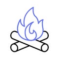 Campfire, burning bonfire, wood log with fire flame in editable design