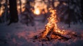 Campfire Burning Bright in Snowy Forest Royalty Free Stock Photo
