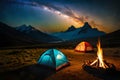 A campfire burning bright under a starry night sky, with tents pitched nearby for a cozy camping experience