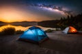 A campfire burning bright under a starry night sky, with tents pitched nearby for a cozy camping experience