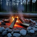 A campfire is burning within a circle of smooth, round stones in a forest setting. Logs Royalty Free Stock Photo