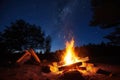 a campfire burning low under starlit sky