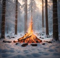 A campfire is burning in the middle of a snowy forest