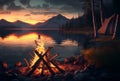 Campfire Burning Near Mountain Lake - Generative AI