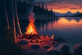 Sunrise Campfire Burning Near Mountain Lake - Generative AI