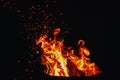 Campfire burning at night, flame and fire sparkles, black sky, copy space