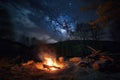 campfire burning, surrounded by the darkness of night sky Royalty Free Stock Photo
