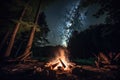 campfire burning, surrounded by the darkness of night sky Royalty Free Stock Photo
