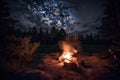 campfire burning, surrounded by the darkness of night sky Royalty Free Stock Photo