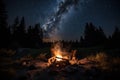 campfire burning, surrounded by the darkness of night sky Royalty Free Stock Photo