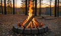 A campfire burns brightly in a forest clearing, surrounded by fallen leaves Royalty Free Stock Photo