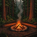 A campfire burns brightly in a forest setting, surrounded by a circle of large stones. Royalty Free Stock Photo
