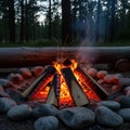 A campfire burns brightly in a forest setting, surrounded by a circle of smooth, round Royalty Free Stock Photo