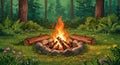 A campfire burns brightly in a forest setting. Surrounded by a circle of stones, logs are Royalty Free Stock Photo