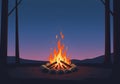 A campfire burns brightly, surrounded by a circle of stones, in a forest setting. Tall, Royalty Free Stock Photo