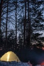 Campfire burns in the snow in the forest hill, on a background of snow covered trees and mountains campfire burning in cold winter