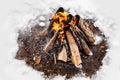 Campfire burns in the snow in the woods.. campfire burning in cold winter. Snow, forest and fire. Winter. Tourism