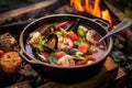 campfire cioppino in a bowl with a wooden spoon